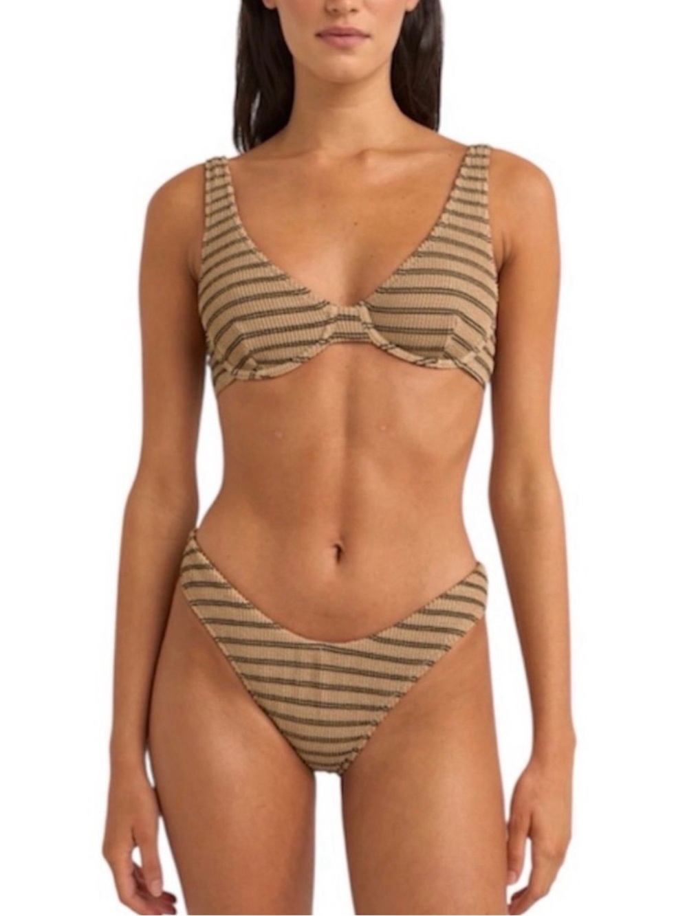 NEW Rhythm. Sol Stripe Hi Cut Adjustable Strap Two Piece XS Bikini Tan/Black Set